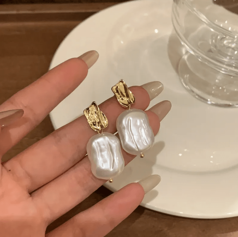 Gold Crinkle Square Freshwater Pearl Drop Earrings - - 18k Gold Plated Waterproof Jewellery - Collection 9