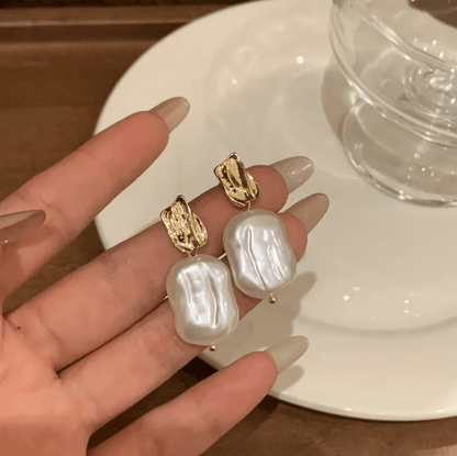 Gold Crinkle Square Freshwater Pearl Drop Earrings - - 18k Gold Plated Waterproof Jewellery - Collection 9