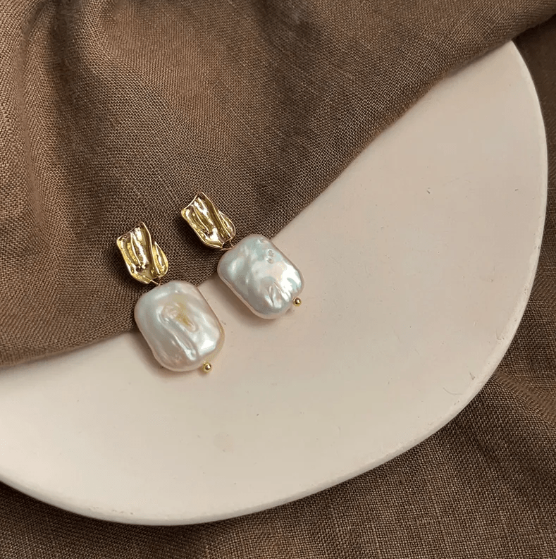 Gold Crinkle Square Freshwater Pearl Drop Earrings - - 18k Gold Plated Waterproof Jewellery - Collection 9