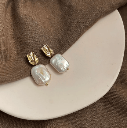 Gold Crinkle Square Freshwater Pearl Drop Earrings - - 18k Gold Plated Waterproof Jewellery - Collection 9