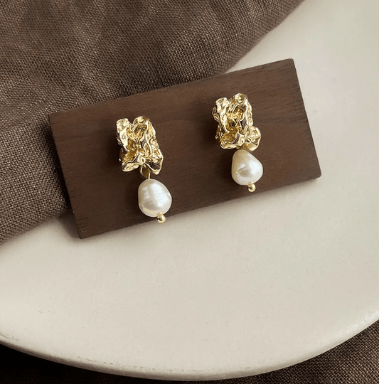 Gold Crumpled Metal Freshwater Pearl Drop Earrings - - 18k Gold Plated Waterproof Jewellery - Collection 9