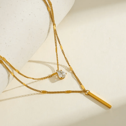 Gold Crystal Bar Layered Necklace - Necklace - 18k Gold Plated Waterproof Jewellery - Collection 9