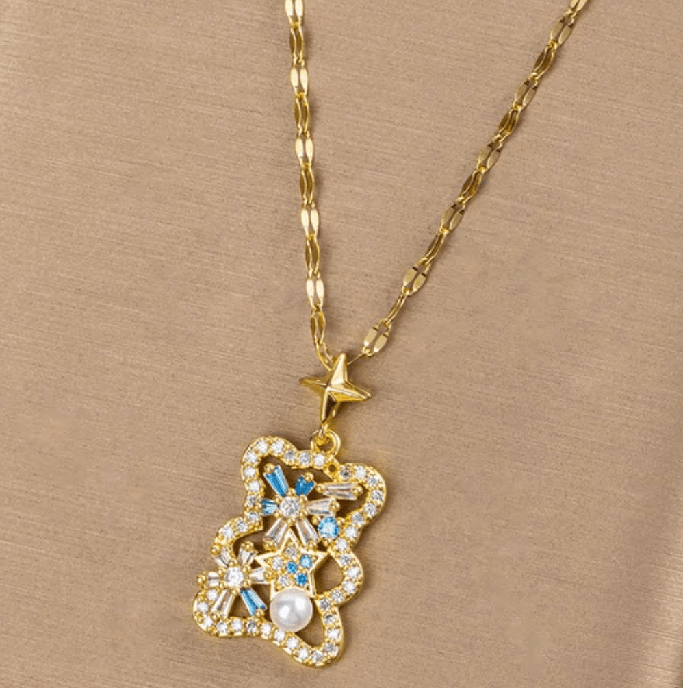 Gold Crystal Bear Clover Jewelry Set - - 18k Gold Plated Waterproof Jewellery - Collection 9