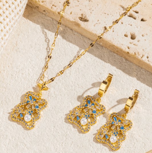 Gold Crystal Bear Clover Jewelry Set - - 18k Gold Plated Waterproof Jewellery - Collection 9