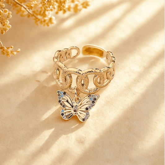 Gold Crystal Butterfly Chain Link Ring - Jewelry - 18k Gold Plated Waterproof Jewellery - Collection 9