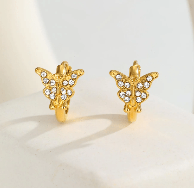 Gold Crystal Butterfly Huggie Earrings - - 18k Gold Plated Waterproof Jewellery - Collection 9