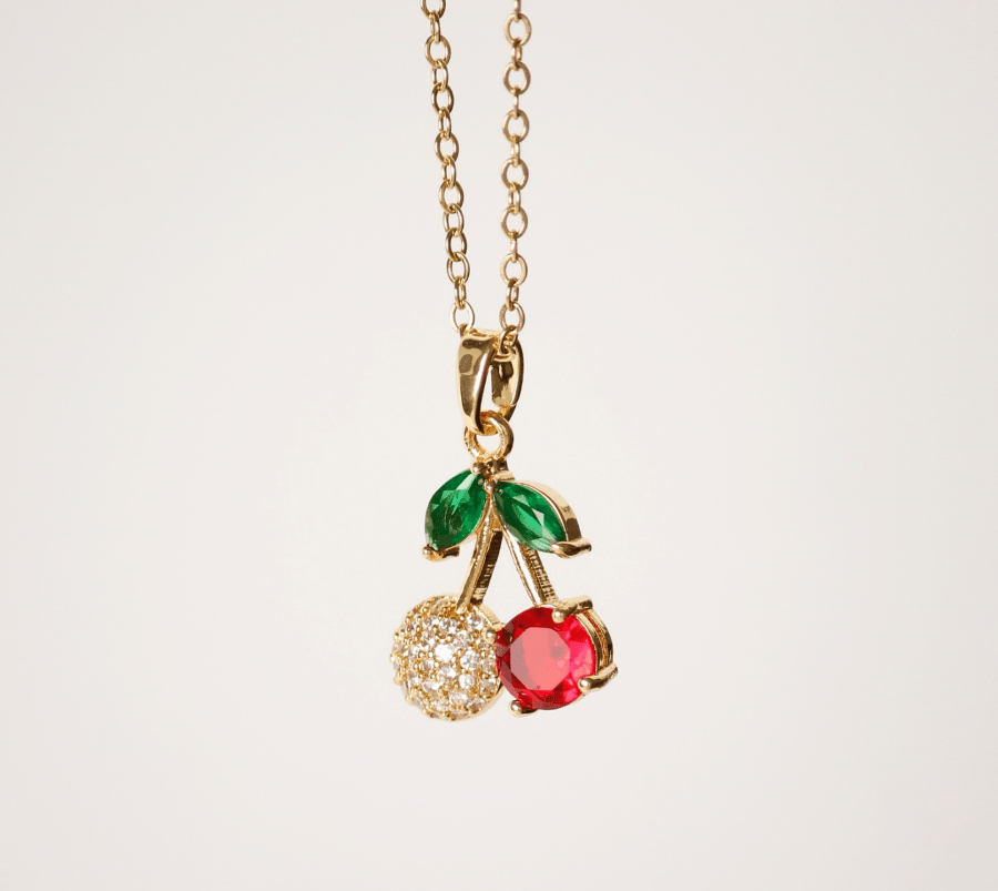 Gold Crystal Cherry Pendant Necklace - Jewelry - 18k Gold Plated Waterproof Jewellery - Collection 9