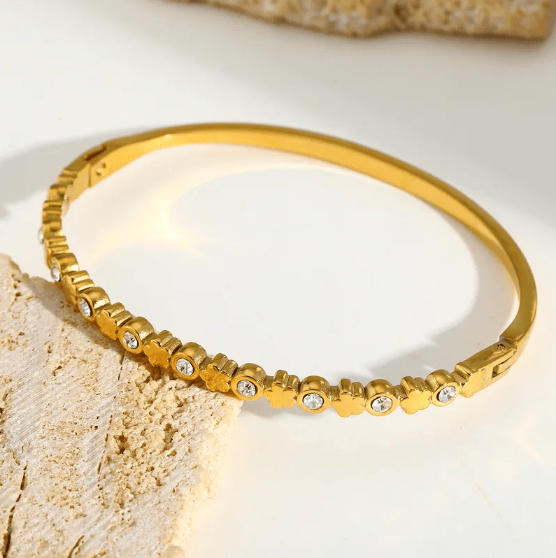 Gold Crystal Stone Flower Bangle - Bracelet - 18k Gold Plated Waterproof Jewellery - Collection 9