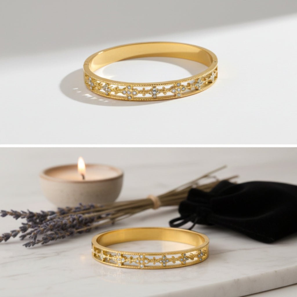 Gold Crystal White stone Bangle - Bracelets - 18k Gold Plated Waterproof Jewellery - Collection 9