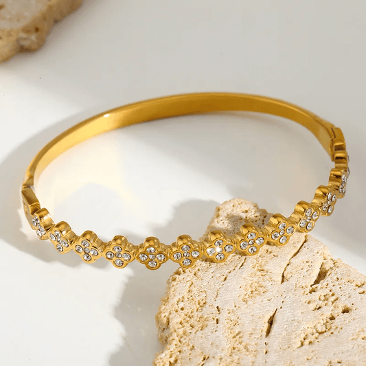 Gold Crystal Flower Bead Bangle - Bracelet - 18k Gold Plated Waterproof Jewellery - Collection 9