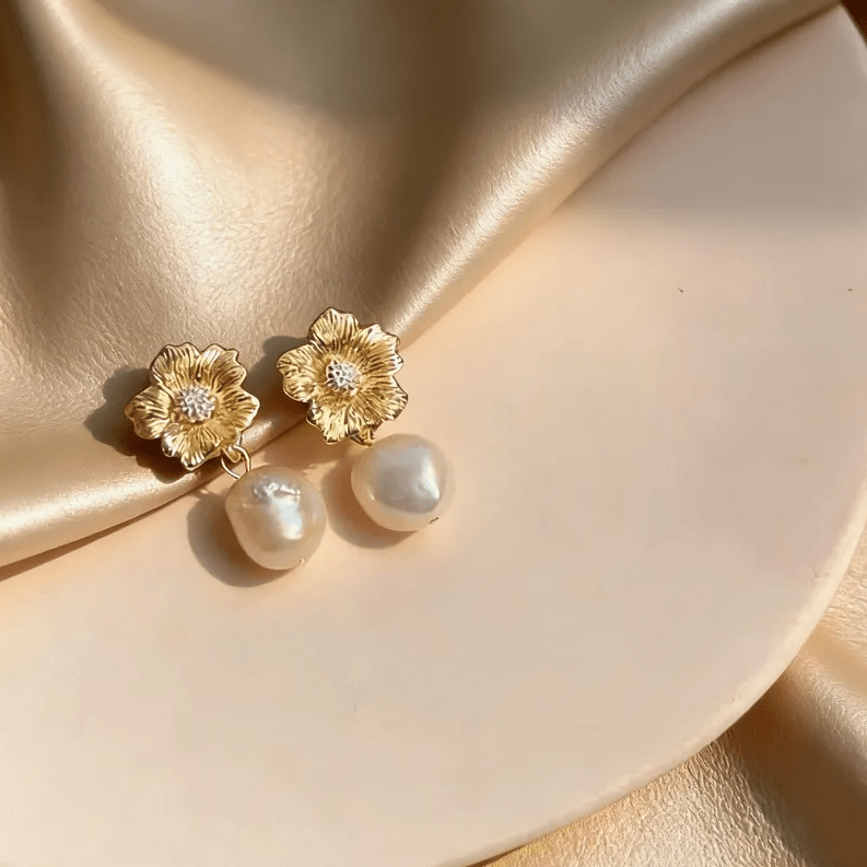 Gold Crystal Flower Freshwater Pearl Drop Earrings - - 18k Gold Plated Waterproof Jewellery - Collection 9