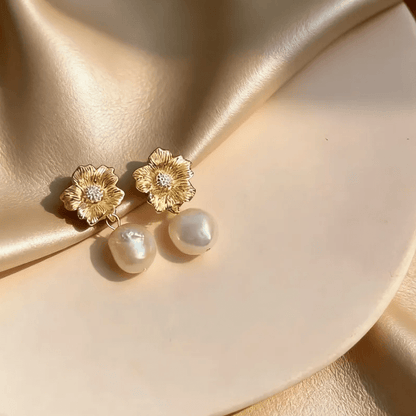 Gold Crystal Flower Freshwater Pearl Drop Earrings - - 18k Gold Plated Waterproof Jewellery - Collection 9