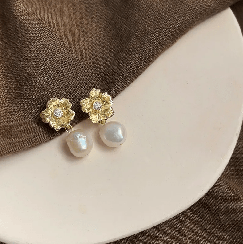 Gold Crystal Flower Freshwater Pearl Drop Earrings - - 18k Gold Plated Waterproof Jewellery - Collection 9