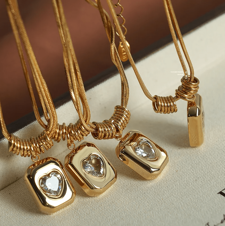 Gold Crystal Heart Rectangle Pendant Necklace - Jewelry - 18k Gold Plated Waterproof Jewellery - Collection 9