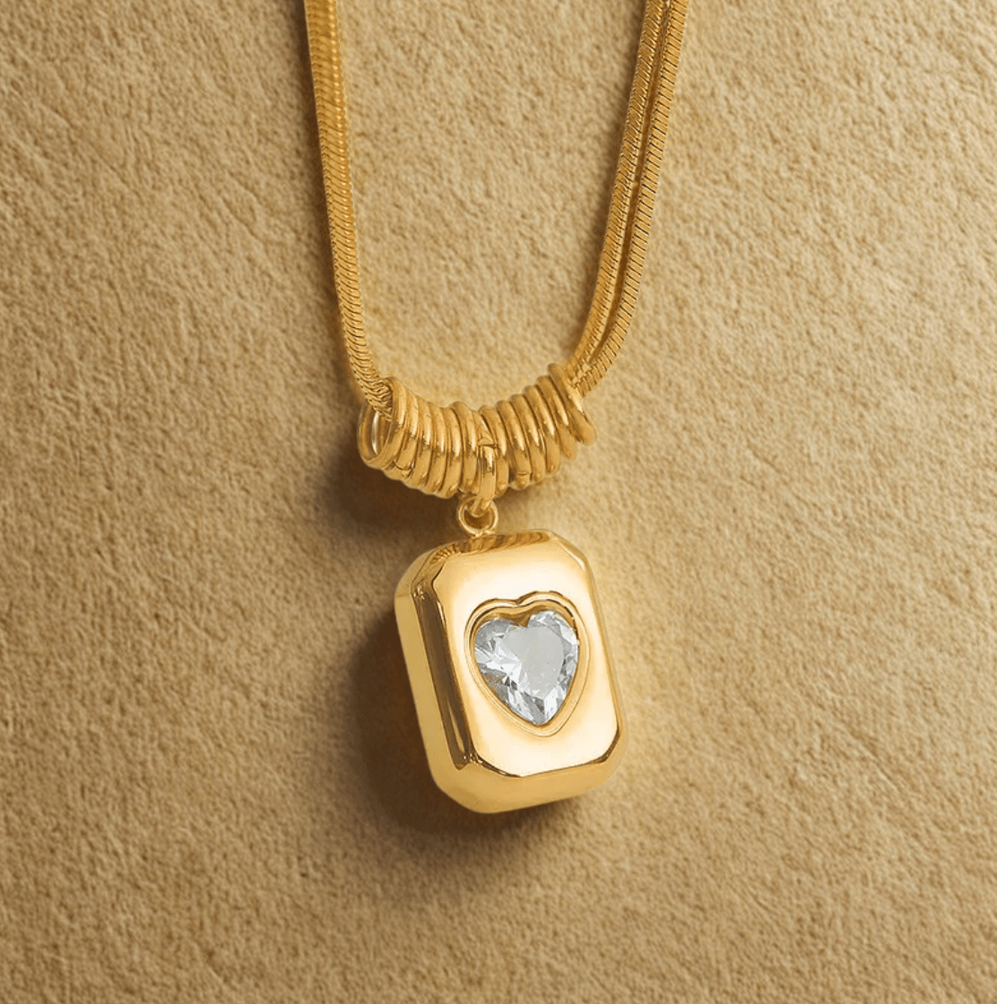 Gold Crystal Heart Rectangle Pendant Necklace - Jewelry - 18k Gold Plated Waterproof Jewellery - Collection 9