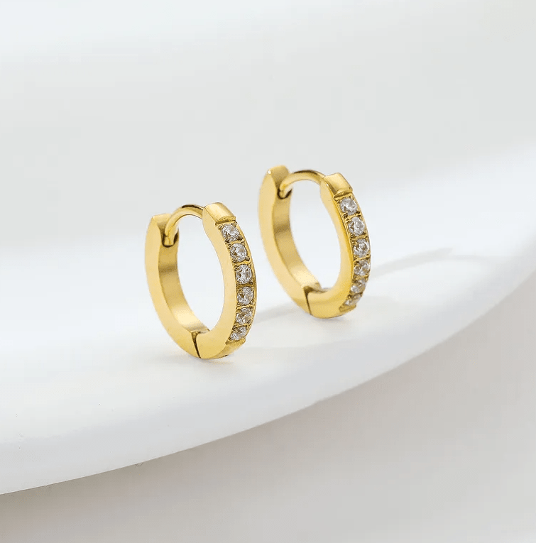 Gold Crystal Huggie Earrings - - 18k Gold Plated Waterproof Jewellery - Collection 9