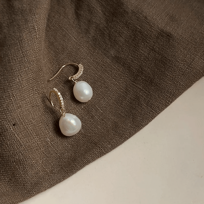 Gold Crystal Huggie Freshwater Pearl Drop Earrings - - 18k Gold Plated Waterproof Jewellery - Collection 9