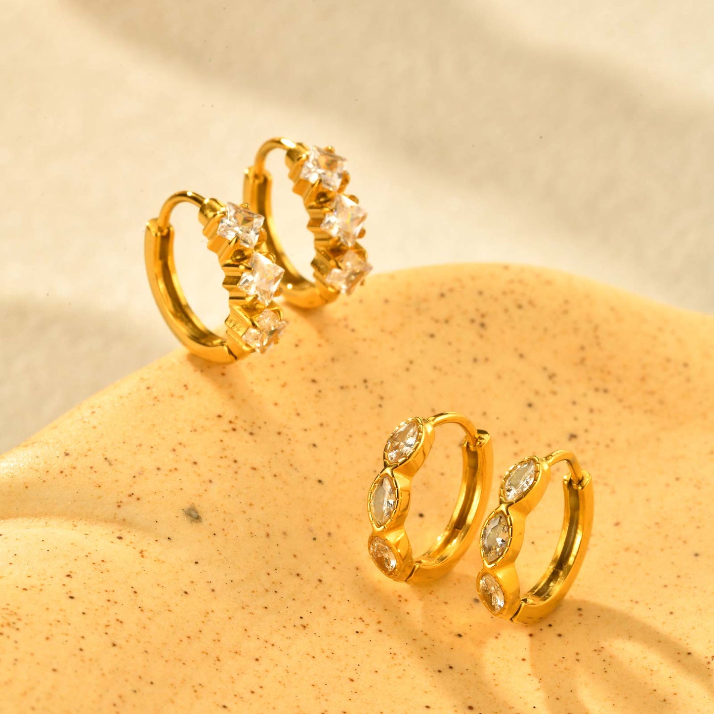 Gold Crystal Huggies Earrings - - 18k Gold Plated Waterproof Jewellery - Collection 9