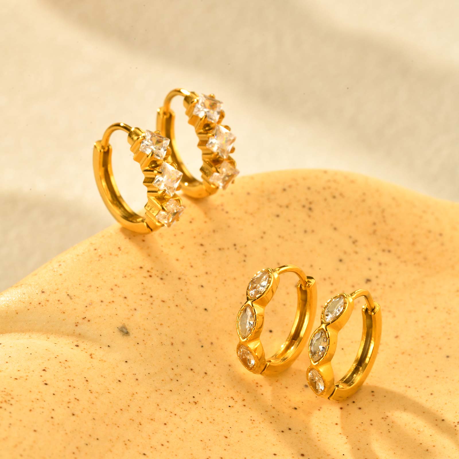Gold Crystal Huggies Earrings - - 18k Gold Plated Waterproof Jewellery - Collection 9