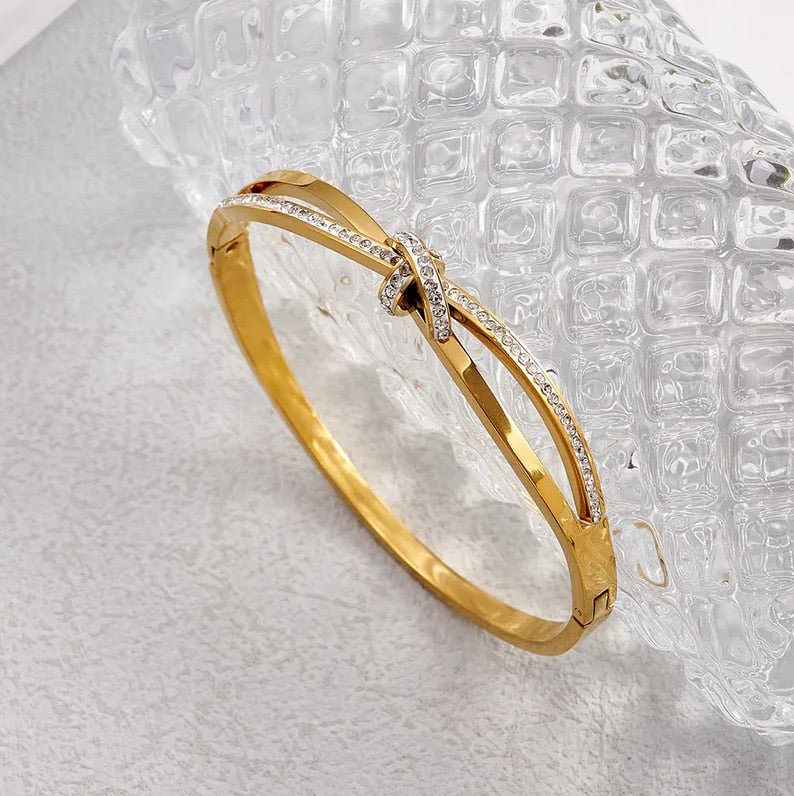 Gold Crystal Knot Bangle - Bracelet - 18k Gold Plated Waterproof Jewellery - Collection 9