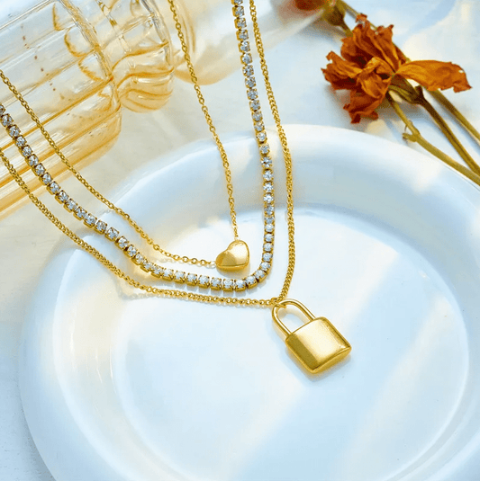 Gold Crystal Layered Lock Necklace - Necklace - 18k Gold Plated Waterproof Jewellery - Collection 9