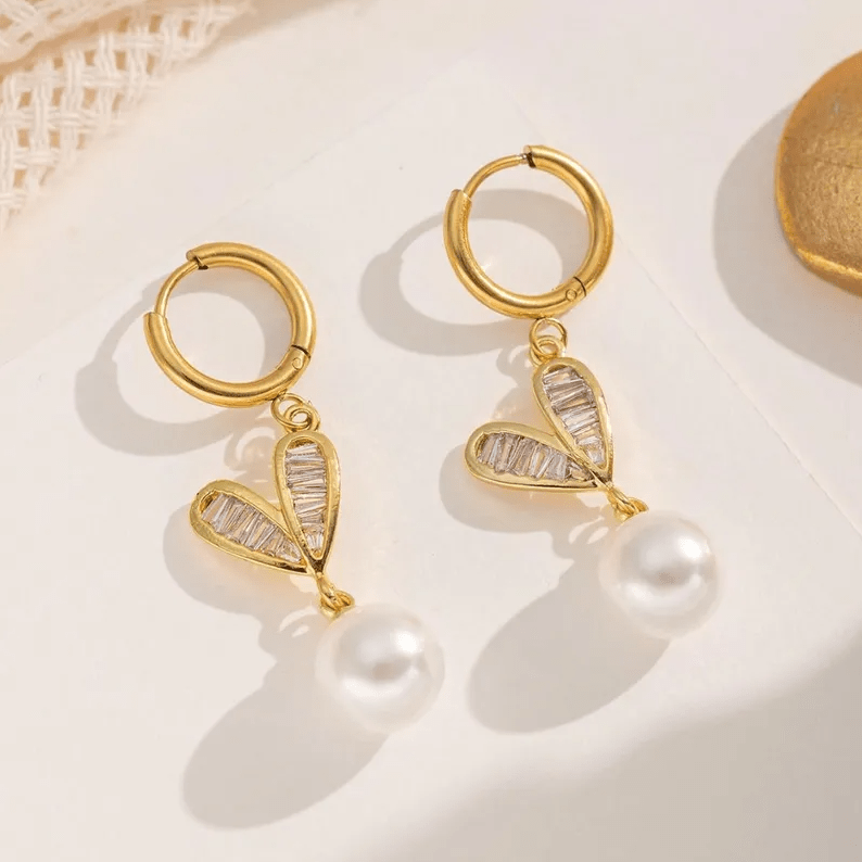 Gold Crystal Leaf White Pearl Jewellery Set - Jewellery Set - 18k Gold Plated Waterproof Jewellery - Collection 9