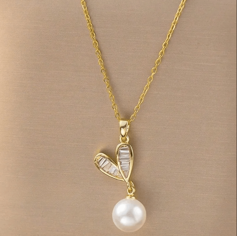 Gold Crystal Leaf White Pearl Jewellery Set - Jewellery Set - 18k Gold Plated Waterproof Jewellery - Collection 9