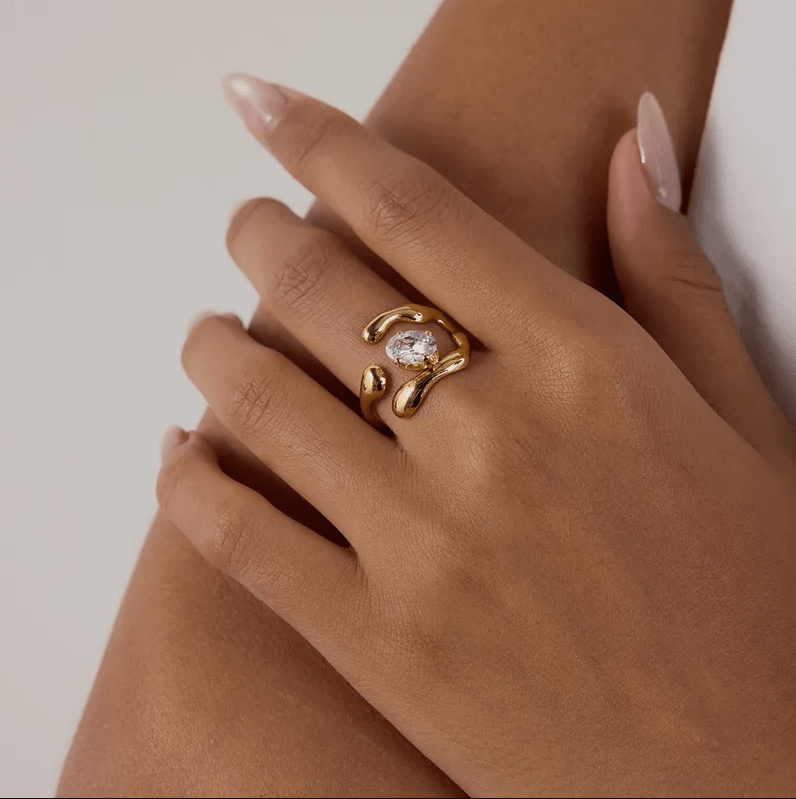 Gold Crystal Organic Open Ring - Jewelry - 18k Gold Plated Waterproof Jewellery - Collection 9