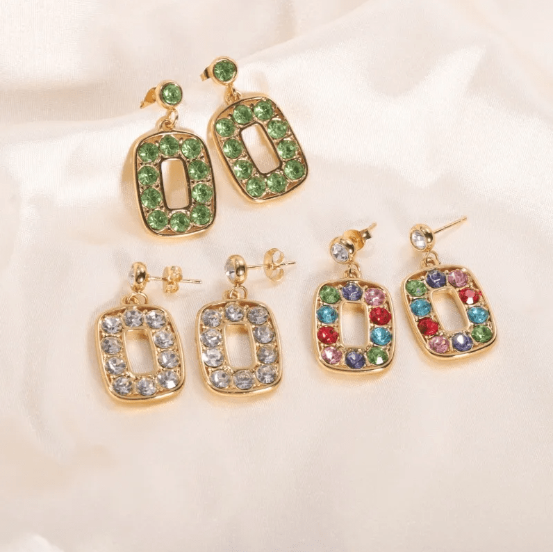 Gold Crystal Rectangle Drop Earrings - - 18k Gold Plated Waterproof Jewellery - Collection 9