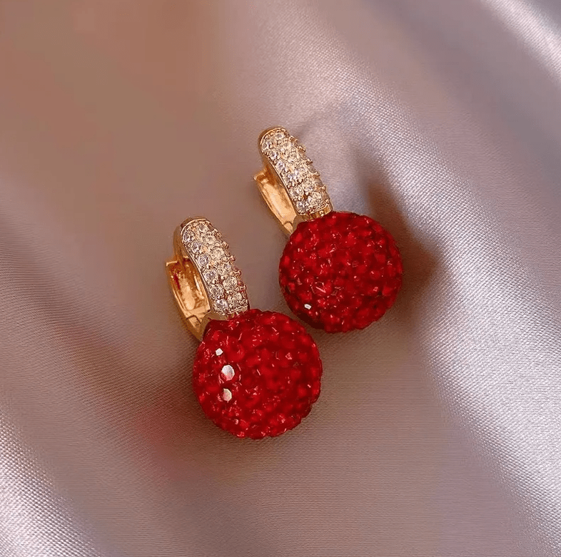 Gold Crystal Red Ball Hoop Earrings - Earrings - 18k Gold Plated Waterproof Jewellery - Collection 9