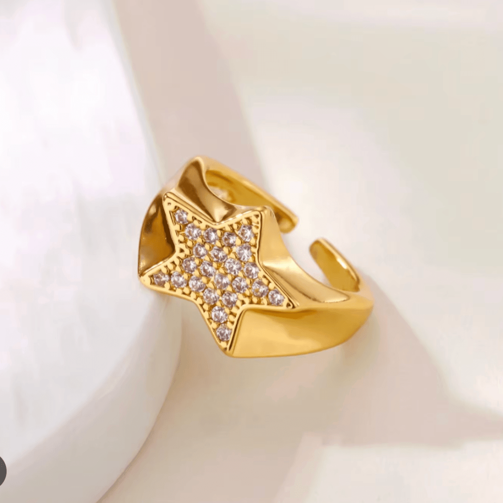 Gold Crystal Star Open Ring - Ring - 18k Gold Plated Waterproof Jewellery - Collection 9