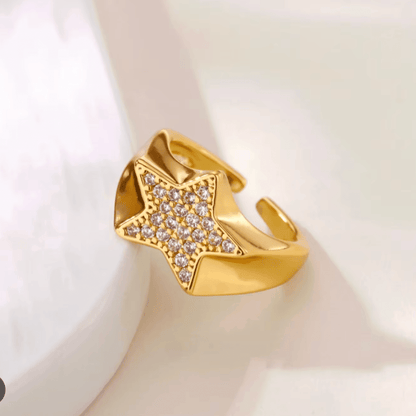 Gold Crystal Star Open Ring - Ring - 18k Gold Plated Waterproof Jewellery - Collection 9