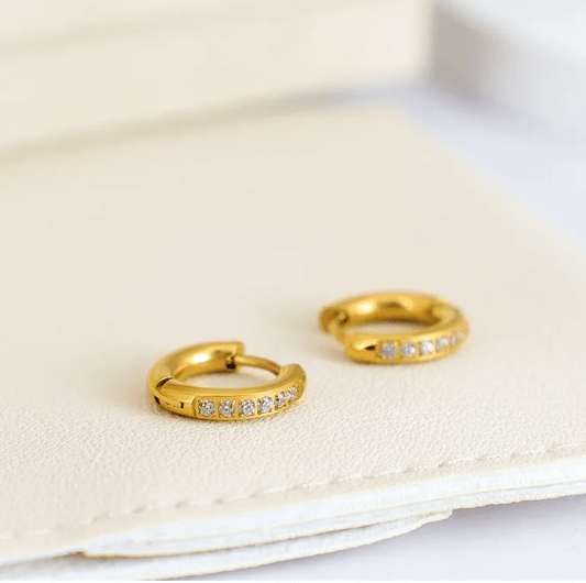 Gold Crystal Stone Mini Huggie Earrings - - 18k Gold Plated Waterproof Jewellery - Collection 9