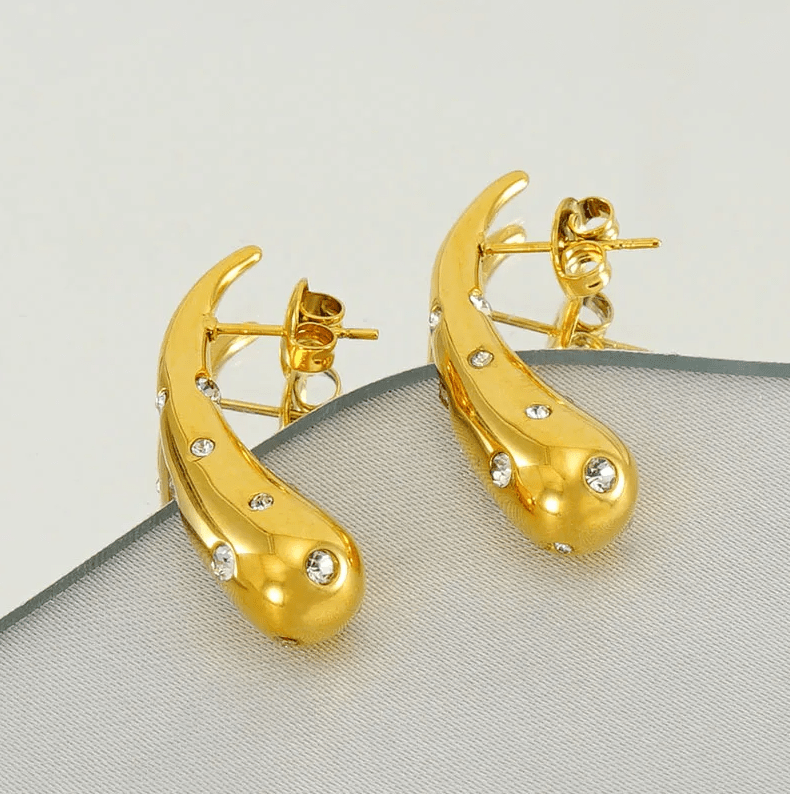 Gold Crystal Studded Curved Stud Earrings - - 18k Gold Plated Waterproof Jewellery - Collection 9