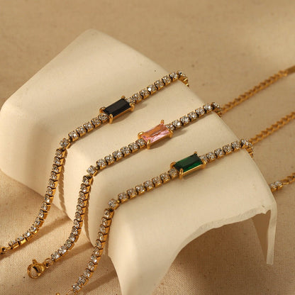 Gold Crystal Tennis Chain Bracelet with Pink Baguette Zircon Centre - Bracelets - 18k Gold Plated Waterproof Jewellery - Collection 9