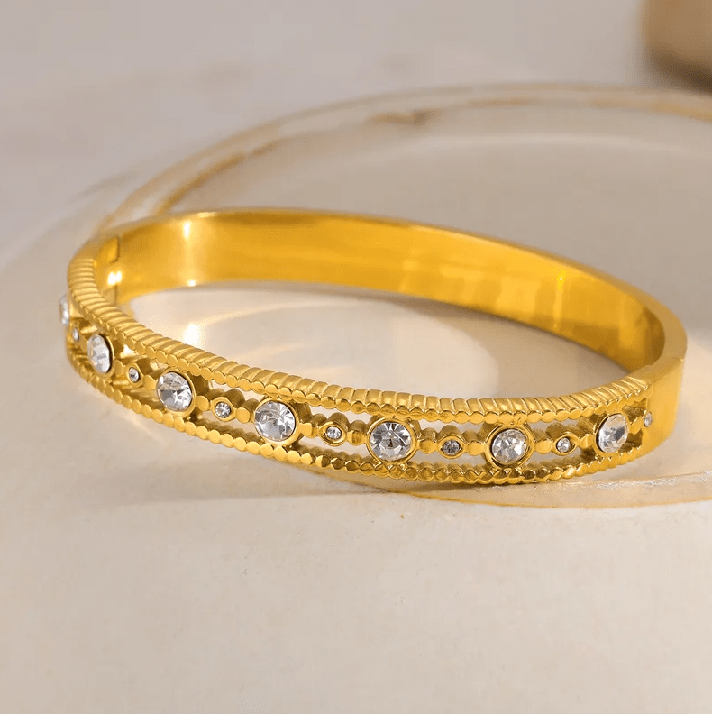 Gold Crystal Textured Beaded Edge Bangle - Bracelets - 18k Gold Plated Waterproof Jewellery - Collection 9