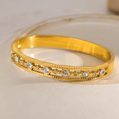 Gold Crystal Textured Beaded Edge Bangle - Bracelets - 18k Gold Plated Waterproof Jewellery - Collection 9