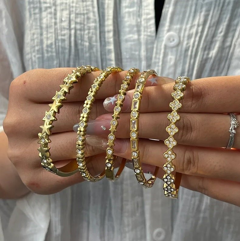 Gold Crystal Textured Pavé Bangle - Bracelet - 18k Gold Plated Waterproof Jewellery - Collection 9