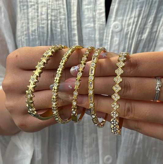 Gold Crystal Textured Pavé Bangle - Bracelet - 18k Gold Plated Waterproof Jewellery - Collection 9