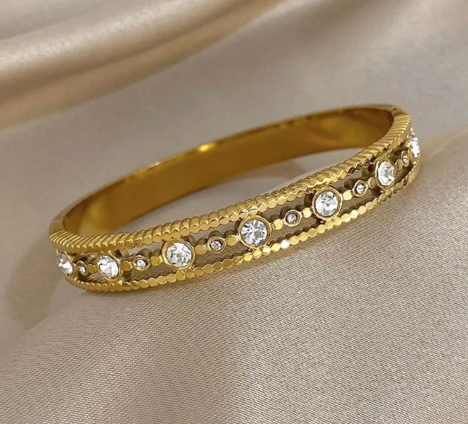 Gold Crystal Textured Beaded Edge Bangle - Bracelets - 18k Gold Plated Waterproof Jewellery - Collection 9