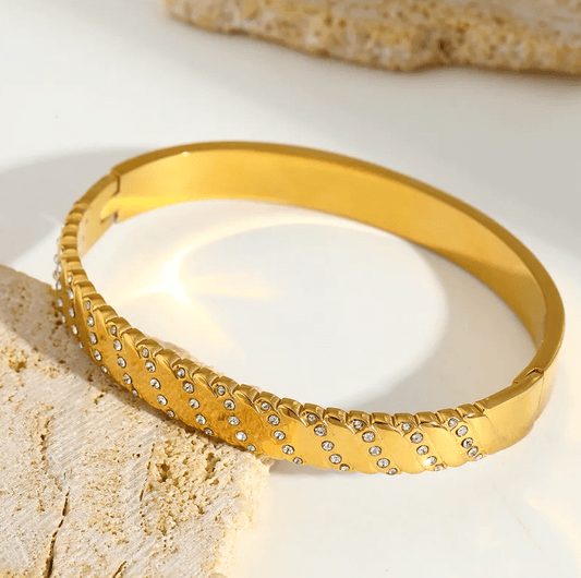 Gold Crystal Wave Bangle - Bracelet - 18k Gold Plated Waterproof Jewellery - Collection 9