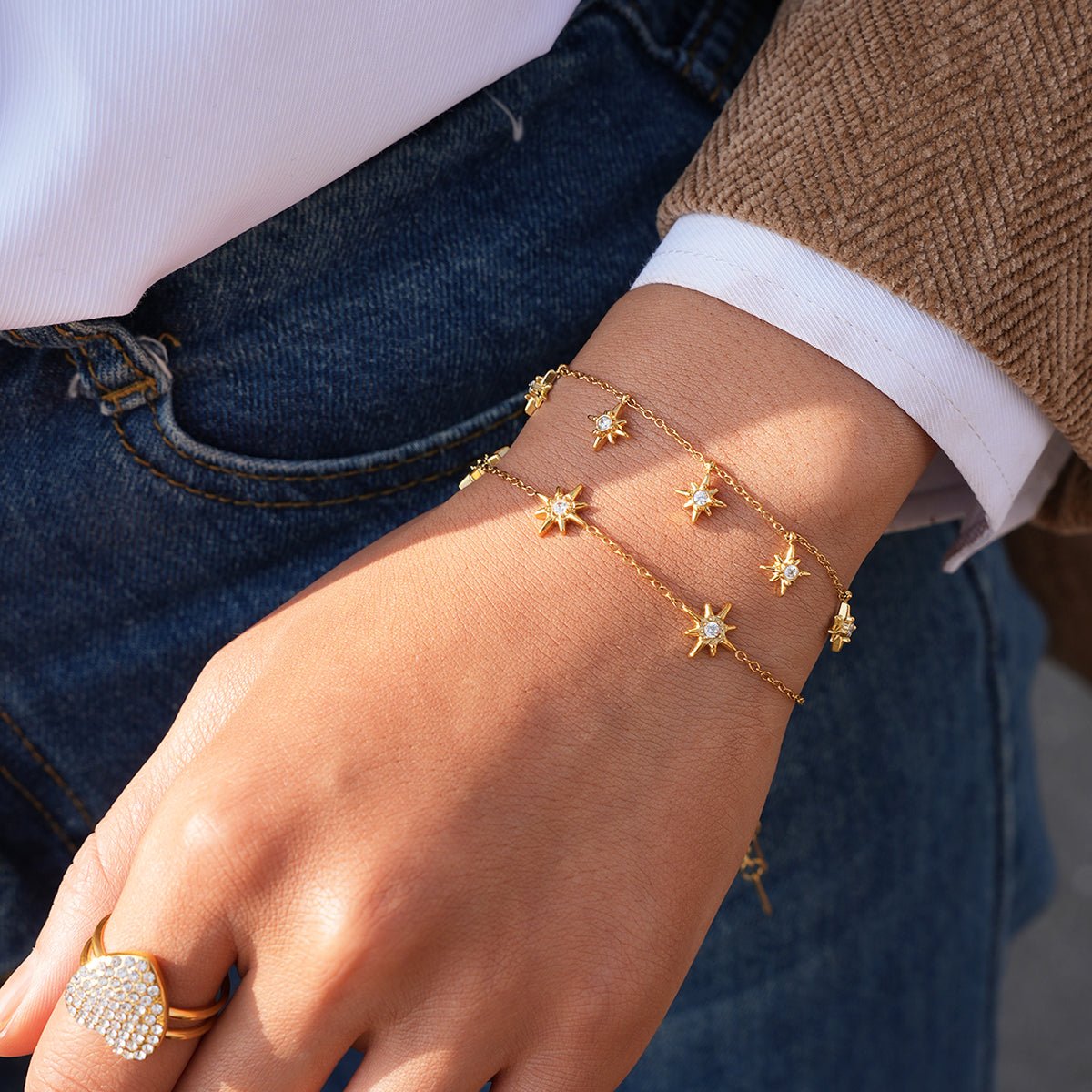 Gold Crystal Zircon Starburst Charm Cable Chain Bracelet - Bracelets - 18k Gold Plated Waterproof Jewellery - Collection 9