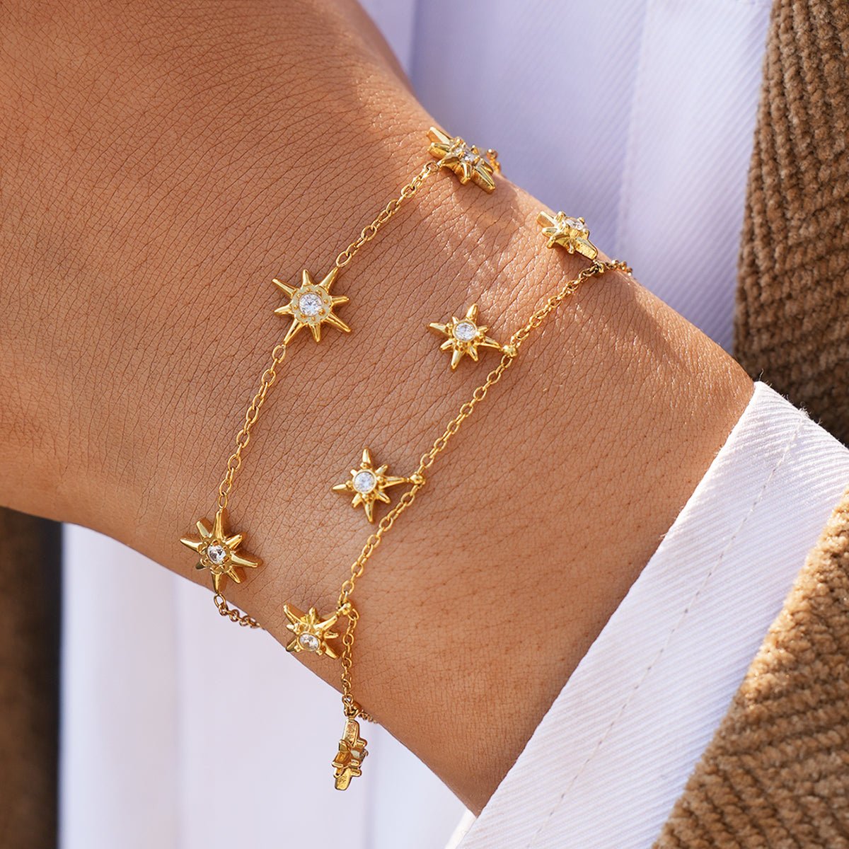 Gold Crystal Zircon Starburst Charm Cable Chain Bracelet - Bracelets - 18k Gold Plated Waterproof Jewellery - Collection 9