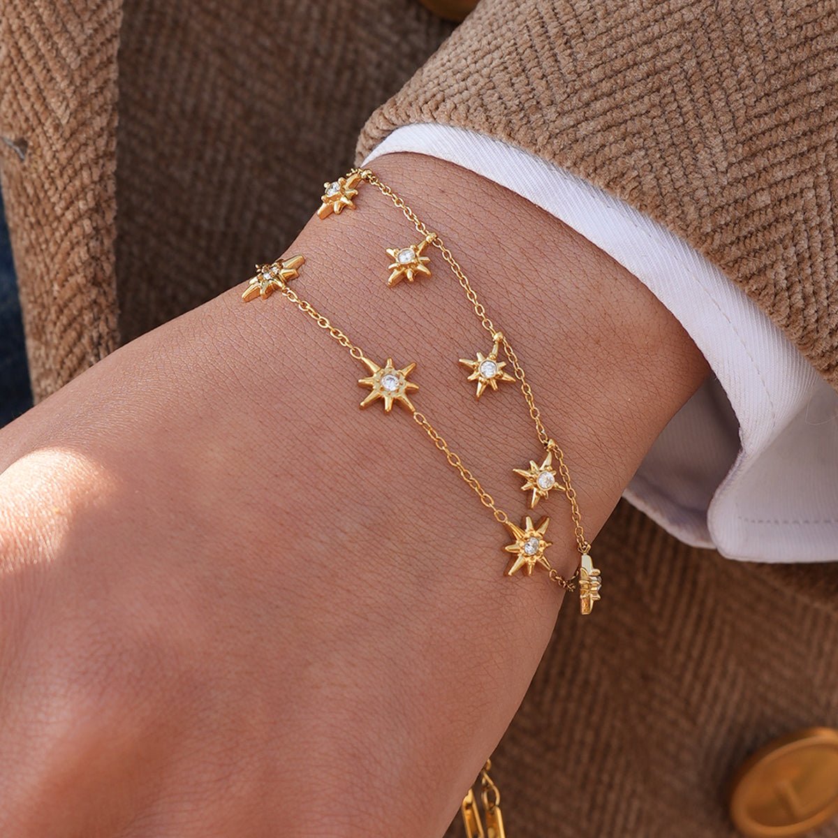 Gold Crystal Zircon Starburst Charm Cable Chain Bracelet - Bracelets - 18k Gold Plated Waterproof Jewellery - Collection 9
