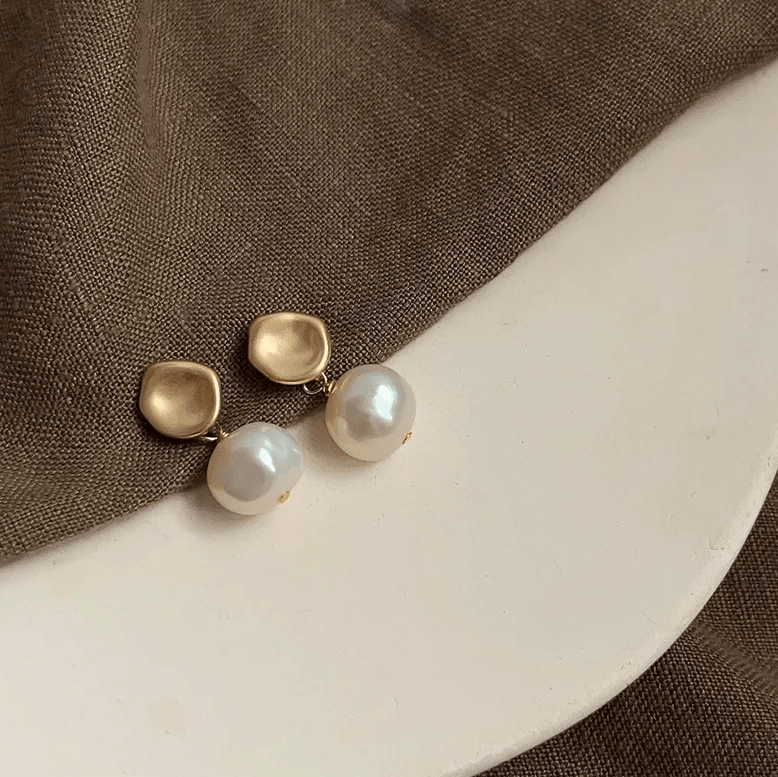 Gold Cushion Freshwater Pearl Drop Earrings - - 18k Gold Plated Waterproof Jewellery - Collection 9