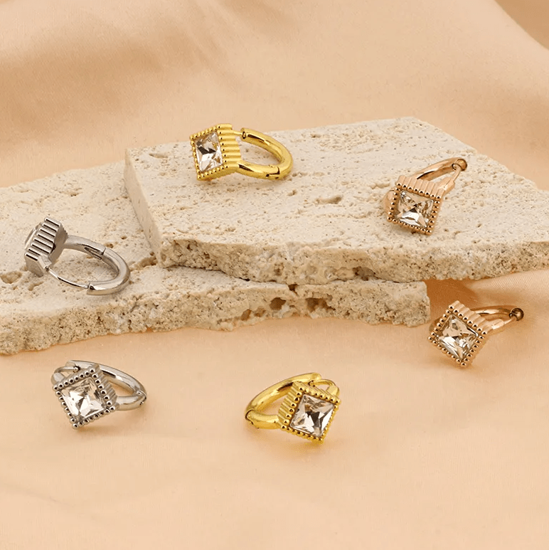 Gold Diamond Crystal Huggie Earrings - - 18k Gold Plated Waterproof Jewellery - Collection 9