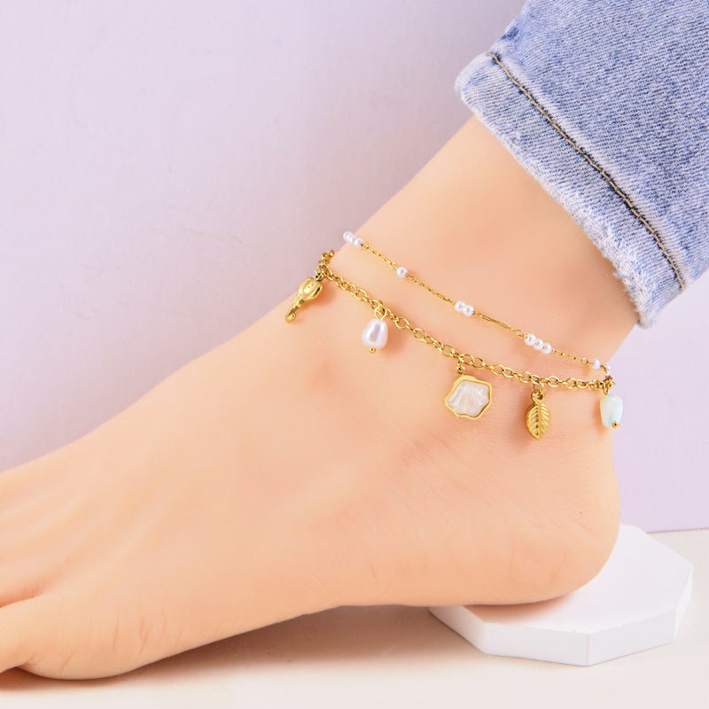 Gold Shell Elephant & Leaf Charm Double Layer Anklet - Anklets - 18k Gold Plated Waterproof Jewellery - Collection 9