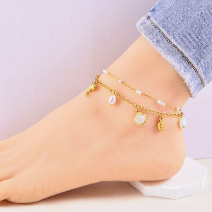 Gold Shell Elephant & Leaf Charm Double Layer Anklet - Anklets - 18k Gold Plated Waterproof Jewellery - Collection 9