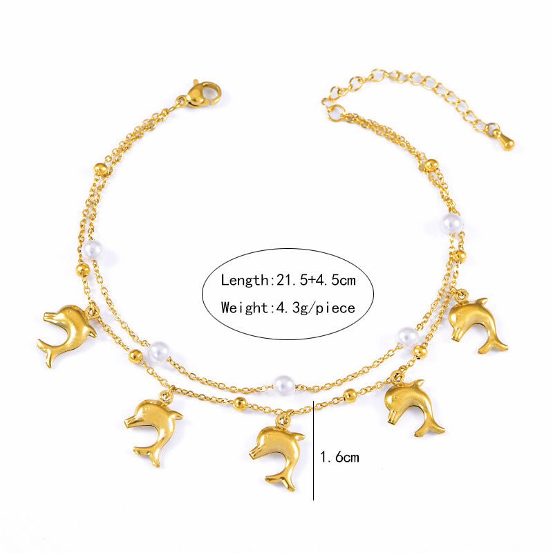 Gold Dolphin Pearl Double Layer Anklet - Anklets - 18k Gold Plated Waterproof Jewellery - Collection 9