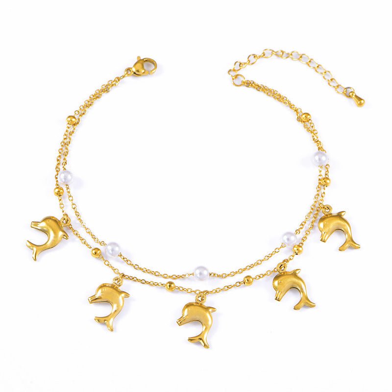 Gold Dolphin Pearl Double Layer Anklet - Anklets - 18k Gold Plated Waterproof Jewellery - Collection 9
